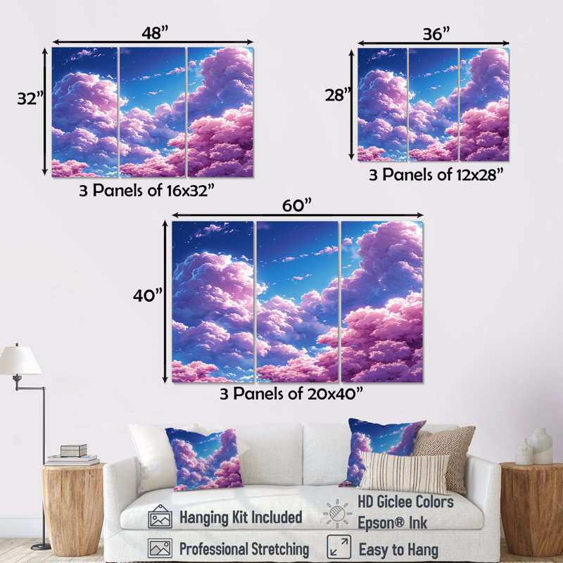 Ensemble de salon art mural nuage rose, H 28 po x l 36 po x P 1 po, Toile tendue