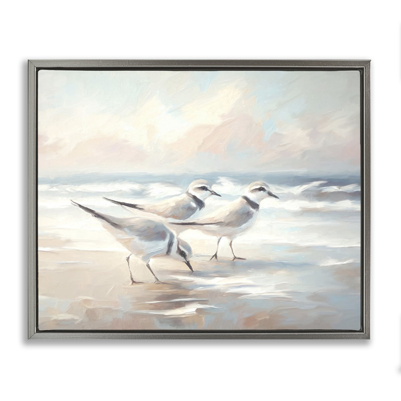 Baie avec oiseaux de plage, art mural encadré noir par Ramona Murdock, H 25 po x l 31 po, Cadre flottant gris lustré