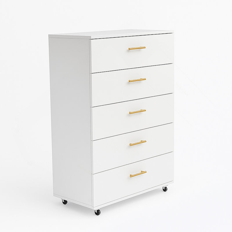Commode 5 tiroirs avec poignées et quatre roulettes pivotantes