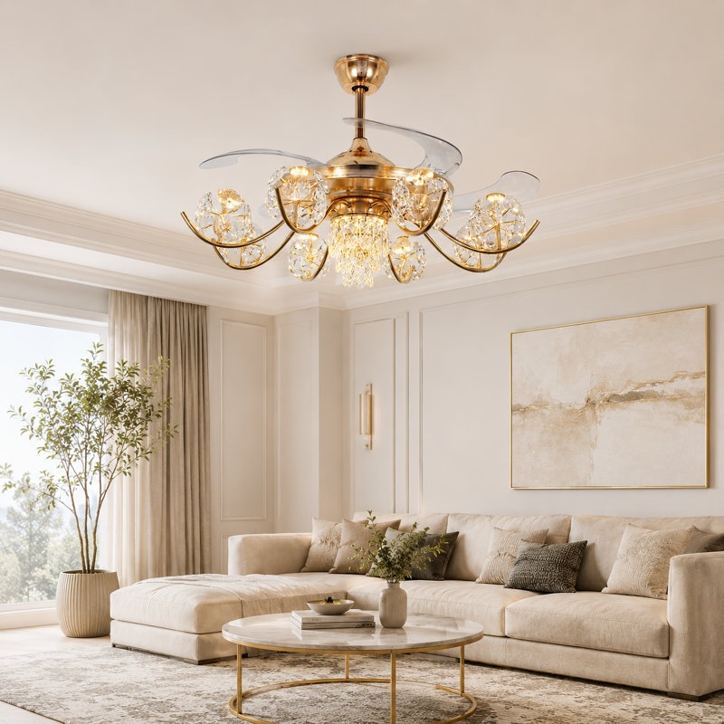 Ventilateur de plafond moderne de 42 po avec lumières à DEL et suspensions en cristal à 8 lumières