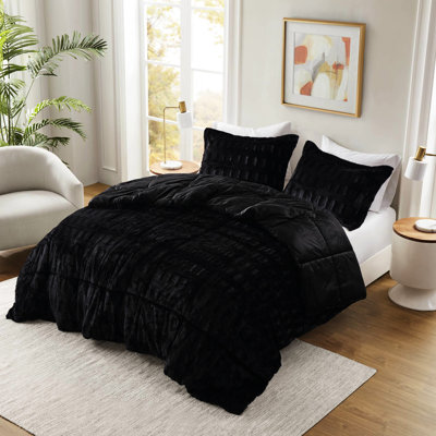 3 pièces d'édredon en fausse fourrure unie double / grand uni noir, revers en vison doux, rembourré, 2 taies décoratives avec bride - pouce, construction cousue bout à bout noir, avec conception pour la gestion du remplissage