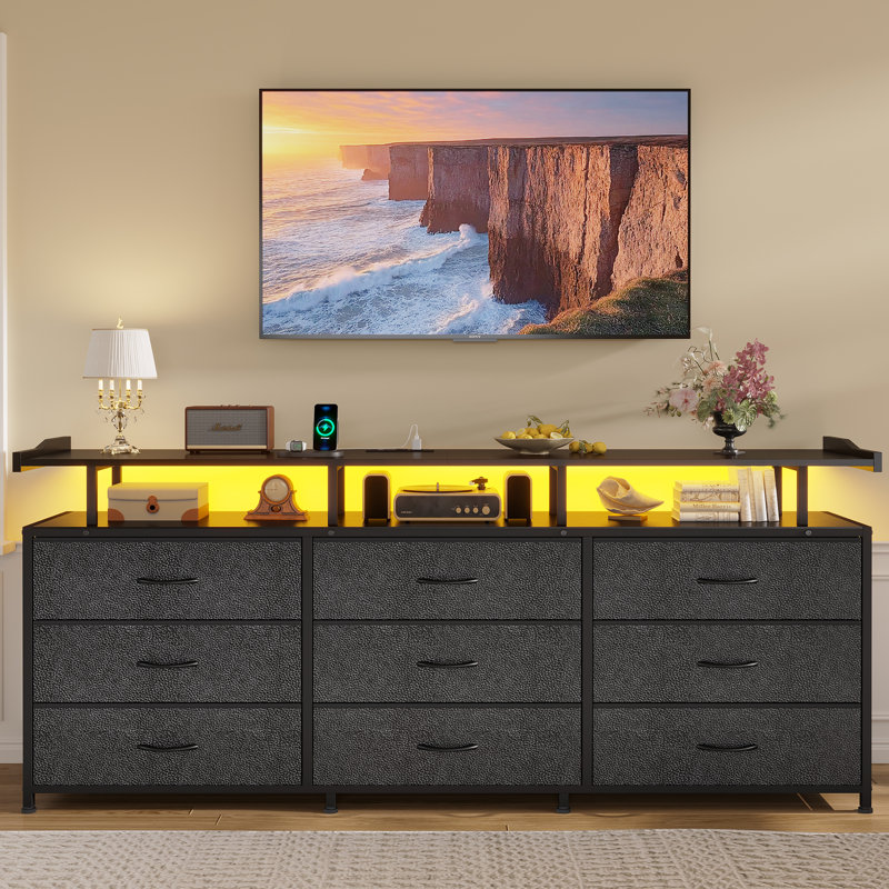 Tv Stand With 9 Drawers And Charging Station, 63" Extra Long Tv Stand For Tvs Up To 75" With Led Light, White