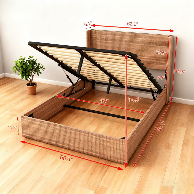 Queen Lift-Storage Platform Bed With Gas Lift, Wooden Slatted Frame, Rustic Brown Finish, No Box Spring Required, Noise-Free, Natural Wood Texture
