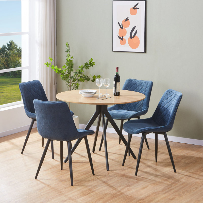 Aspen 5-Piece Casual Dining Set - Large Round Table with 4 Upholstered Diamond Stitch Fabric Chairs, Blue, Light Oak