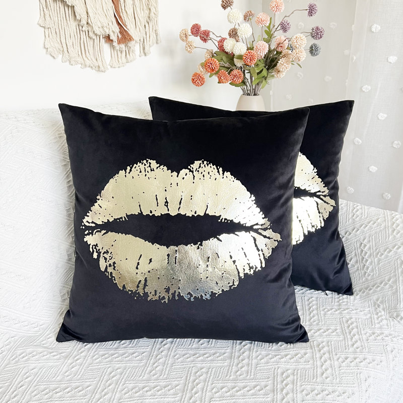 Solid Lips Gold Pillow Cover (Set Of 2), 20" x 20", Black