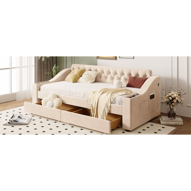 Beige Upholstered Twin Daybed With Armrest Storage And Socket Size In Tone, Beige