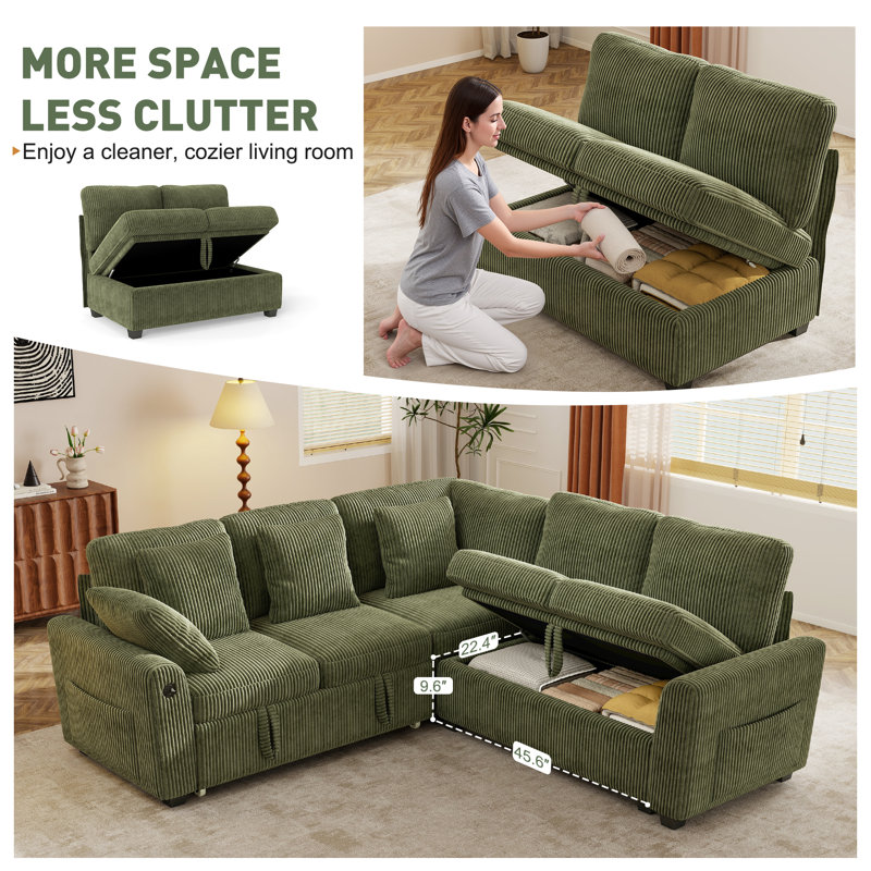 George 83" Upholstered Corduroy L Shape Modular Sectional Sleeper Sofa with Pull Out Bed and USB Charging, Green