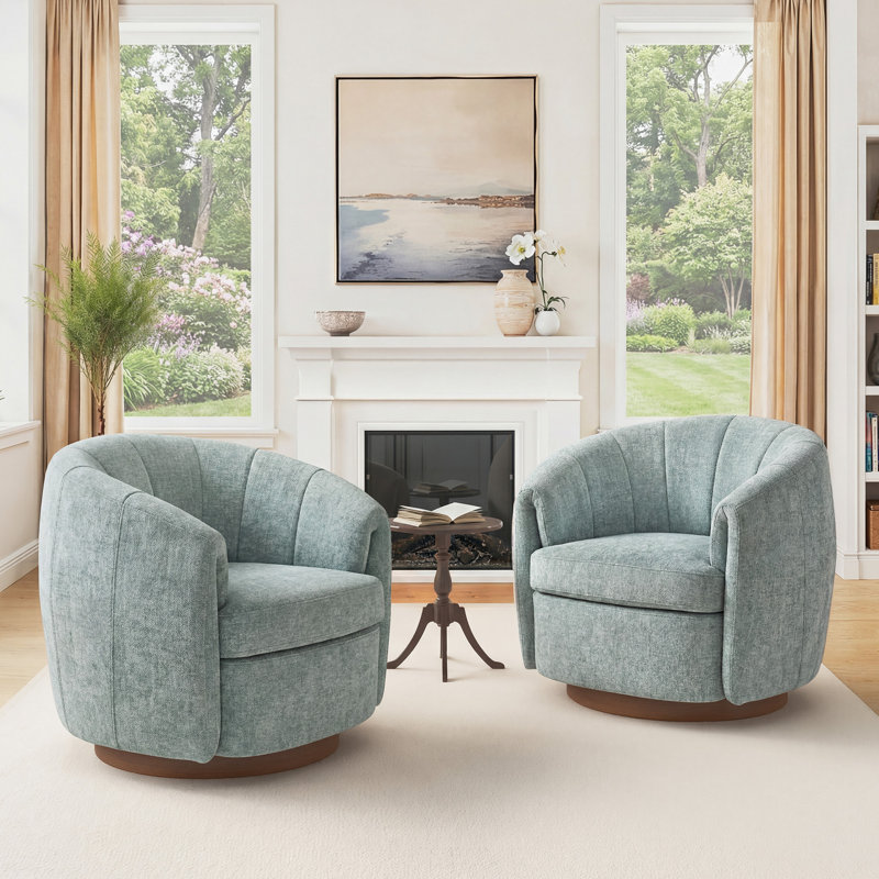 Seraphina 34.6"W Swivel Barrel Chair, Smoke Blue Green