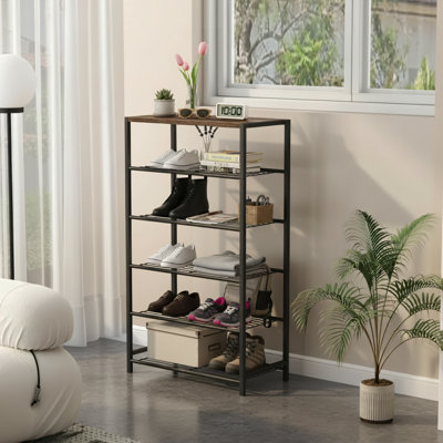 Retro Brown Six-Tier Narrow Shoe Rack, Industrial Style Shoe Tower, Durable Metal Shelves, Suitable For Wardrobe Entrance Small Shoe Rack Table.