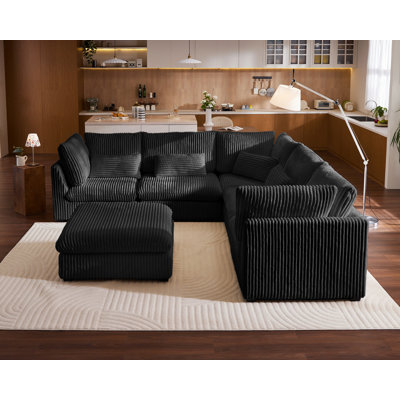 120" Oversized Modular Sectional, Cloud Corduroy Sofa Wide Deep Seat Couch, 5 Seater Large Sleeper Bed Plush Cushion with Convertible Ottoman Chaise for Lounge Modern Furniture Sets
