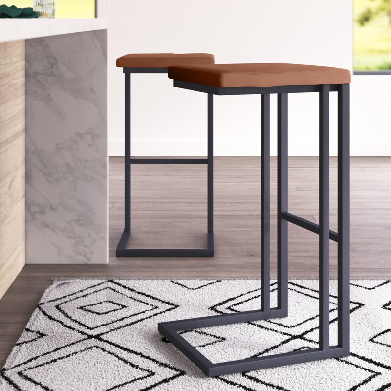 Boone Barstool - Black - Bravo Cognac, Bar Stool (30" Seat Height), Tan Faux Leather
