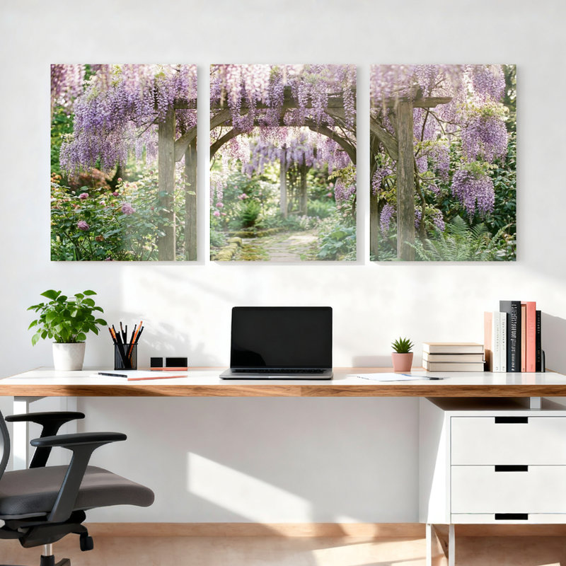 Ensemble de 3 tableaux muraux sur toile à motif floral de jardin de glycine, pour salon, chambre ou décoration intérieure