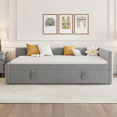 Full Size Upholstered L-Shaped Upholstered Daybed with Twin Size Pop Up Trundle, Gray