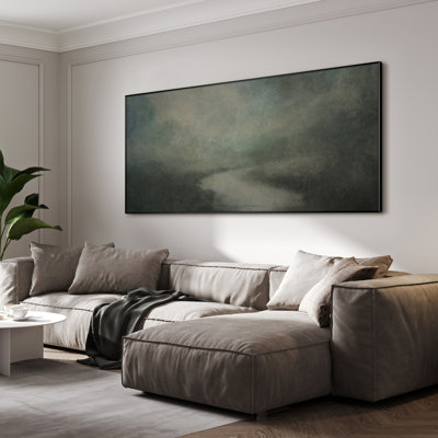 Extra Large Wall Art Fabric Print - Foggy River Scene Moody Abstract Landscape in Cool Tones Artwork Decor for Living Room or Bedroom - "Frame Assembly Required (Unfinished Frame)"