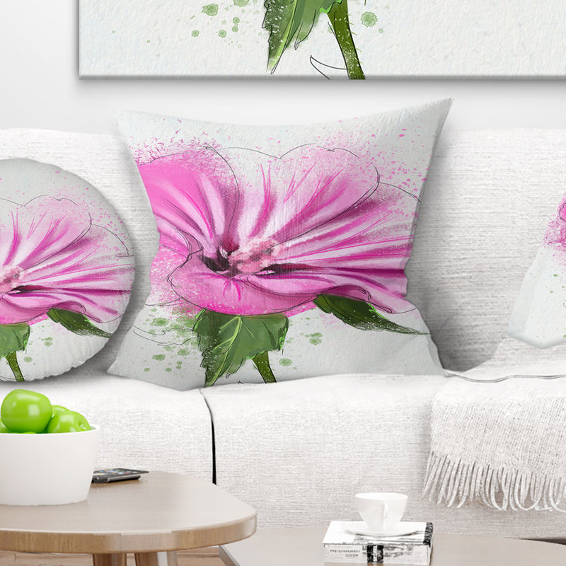 Fleur pleine fleur rose avec feuilles - coussin imprimé floral, 16 po x 1 po, Coussin décoratif