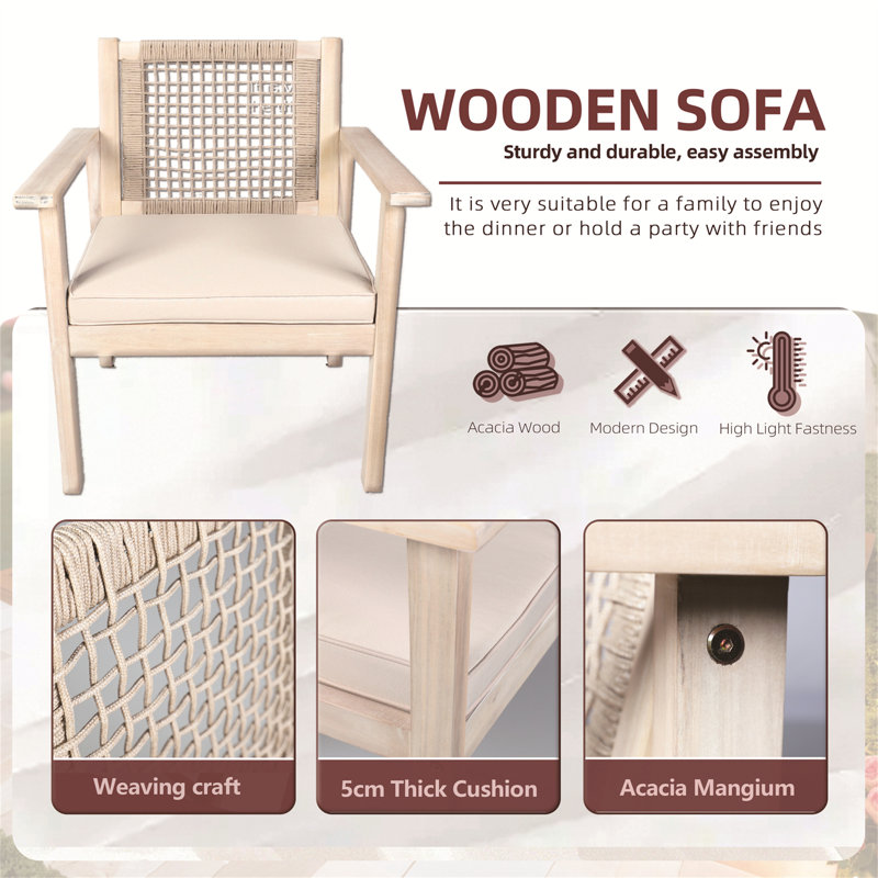 Acacia Wood Bench & Chair Sets – Outdoor Seating Set With Comfort & Woven Rope Design, 5