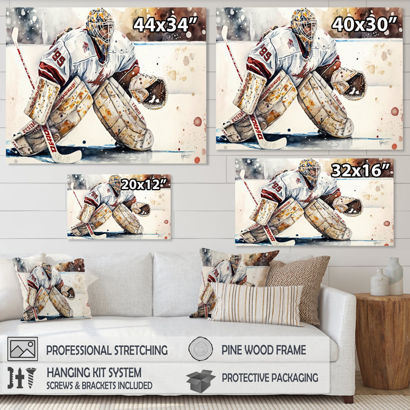 Hockey gardien de but sur glace pendant le match III - art mural de hockey sportif pour le salon, H 12 po x l 20 po x P 1 po