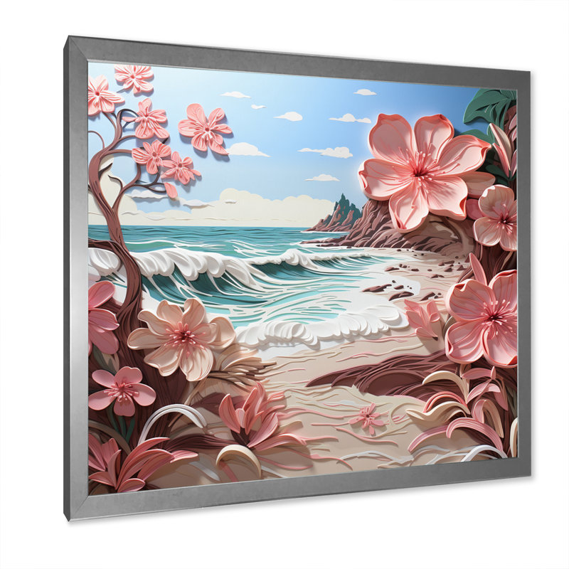 " Pink Beachside Bloom Papercut II ", Silver Single Picture Framed, 36" H x 36" W x 1.5" D
