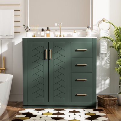 Meuble-lavabo Nassau de 36 po avec lavabo sous comptoir en céramique, bois massif et fabrication, trois tiroirs pour une utilisation quotidienne, rangement dissimulé, mouvement de tiroir lisse à l'esthétique moderne, armoire polyvalente,