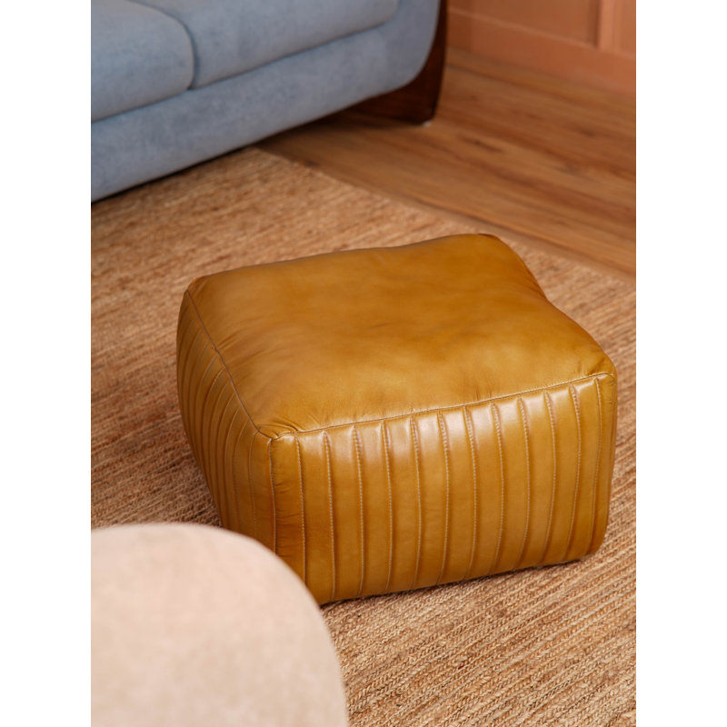 Pouf en cuir de chèvre massif fait à la main (rembourrage en coton recyclé), H 12 po x l 21 po x P 21 po, Carrée