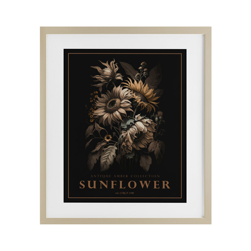 Tournesol antique, reproduction encadrée sous verre, par Christopher Giampietro, H 16 po x l 13 po, Cadre de récolte en pin