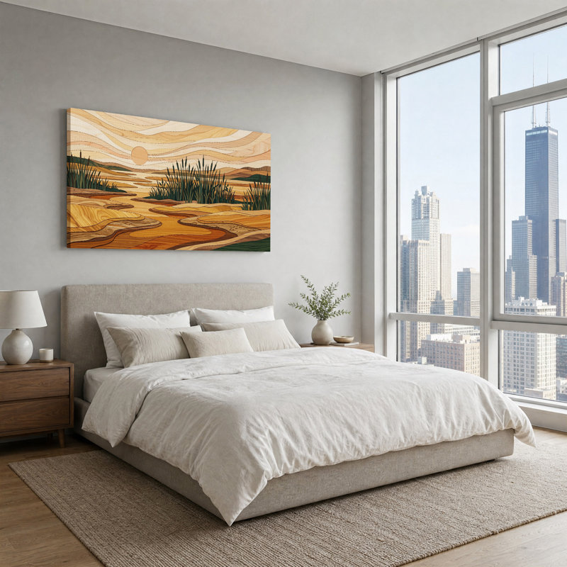 Art mural sur toile en bois marqueterie rivière et quenouilles, 58“W x 28”H