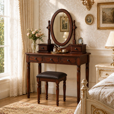 38" Solid Wood Vanity Desk Set with 180° Adjustable Oval Mirror, 5 Velvet-Lined Drawers & Cushioned Stool, Vintage Makeup Dressing Table Set for Bedroom, Walnut