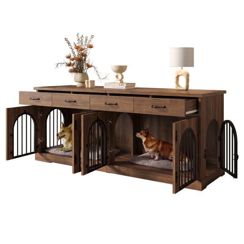 Grand meuble pour cage de chien avec séparateur amovible et tiroirs de rangement
