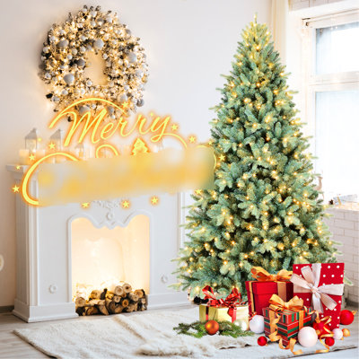 Arbre de Noël 6 pi, teinté bleu, 350 lumières DEL blanc chaud, 1390 pointes, conception à charnières, base stable, arbre de Noël de 6 pi avec support en métal robuste