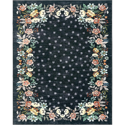 Tapis noir à motifs floraux 240 x 300 cm, lavable, antidérapant, à poils courts, idéal pour le salon, la chambre ou la salle à manger.