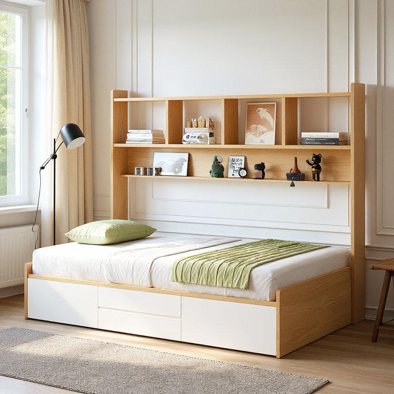 Andriena Full-size multifunctional bed with four storage drawers and  bookshelf, suitable for one person, in natural color