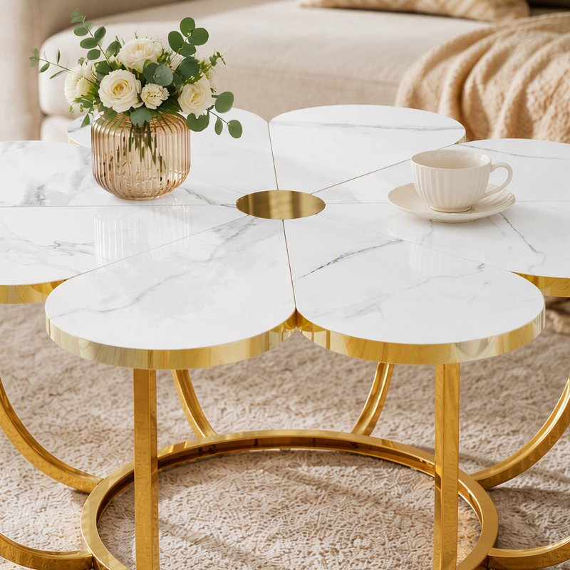 Table basse moderne, centre de table en forme de fleur avec plateau en faux marbre