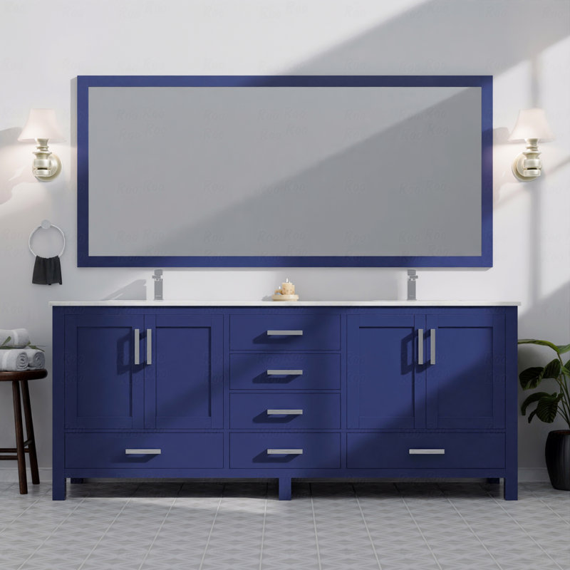 Ensemble de meuble-lavabo double double 84 po x 22 po avec plateau en marbre de Carrare et robinet, 84", Bleu