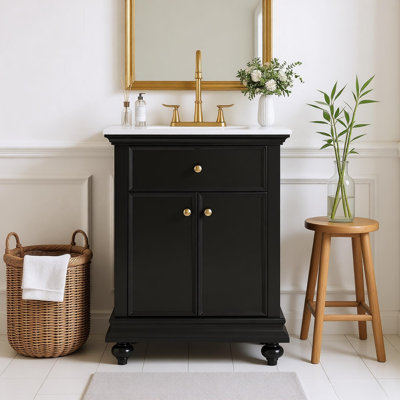 Meuble-lavabo moderne de 24 po avec tiroir rabattable et charnières à fermeture en douceur, armoire de salle de bain avec structure ouverte à l'arrière, pieds tournés en boule avec élégance française