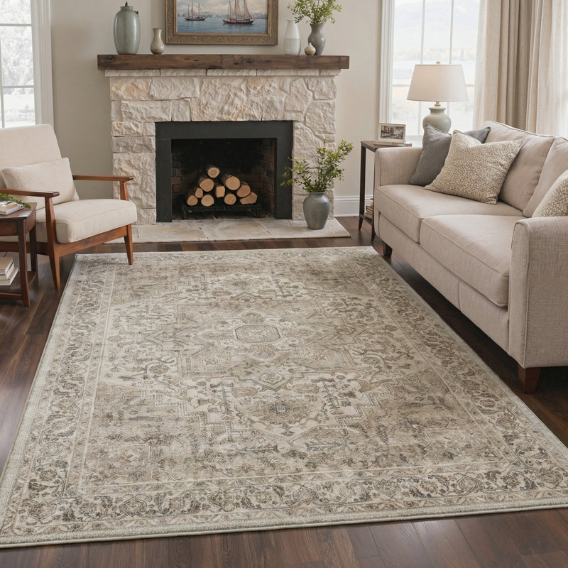 Tapis d'intérieur brun / beige lavable à la machine M mosaïque avec envers antidérapant, Rectangle 5 pi x 7 pi