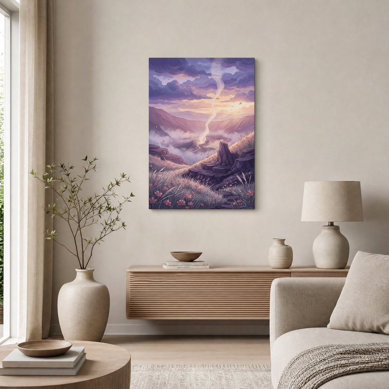 Art sur toile, "Mauve montagne avec fleurs roses", H 30 po x l 20 po