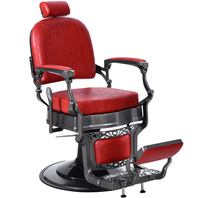 Heavy Duty Hydraulic Barber Salon Reclining Chair, Red Genuine Leather
