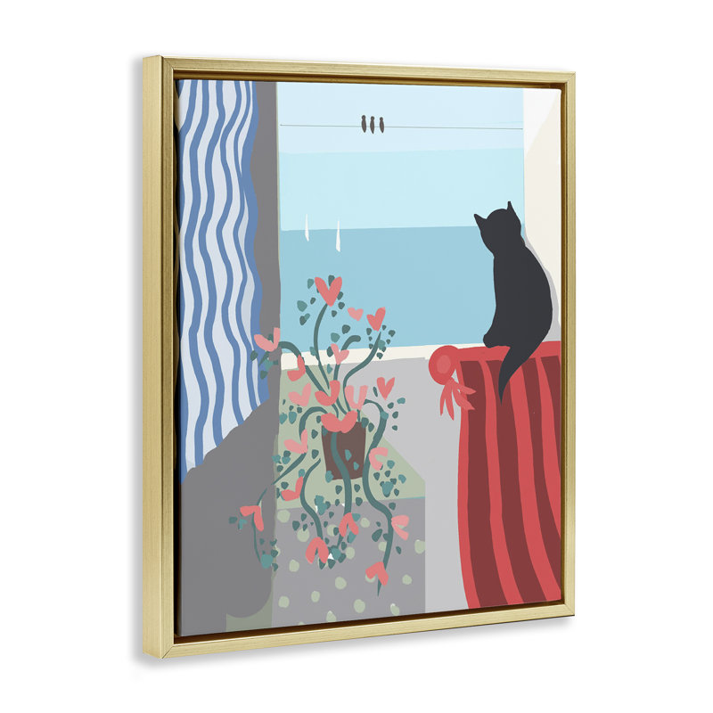 «Window Beach View», art mural encadré par Betty Boynes, Cadre flottant métallique doré, H 21 po x l 17 po