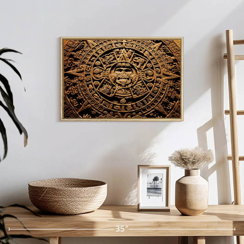 Ancien calendrier aztèque, Cadre flottant en bois naturel, 19 po x 13 po