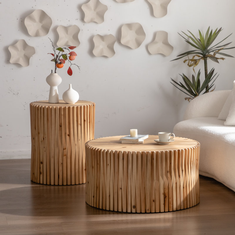 Table basse cylindrique de style rétro avec motif à relief vertical, ensemble de 2