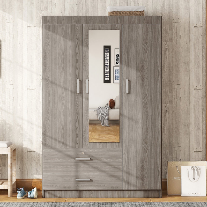 Stylish And Functional Three-Door Wardrobe With Built-In Mirror And Ample Storage, Gray