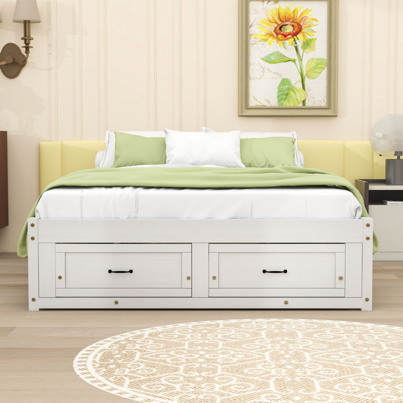 Lit plateforme 6 tiroirs en bois avec pieds centraux, Blanc, Grand lit