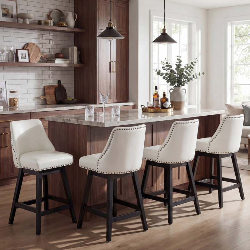 Swivel Bar Stools, 26" Counter Height PU Leather Armless Bar Stools with High Back, Solid Wood Legs & Footrest, Modern Nailhead Trim Pub Chairs for Kitchen Island Dining Room, White