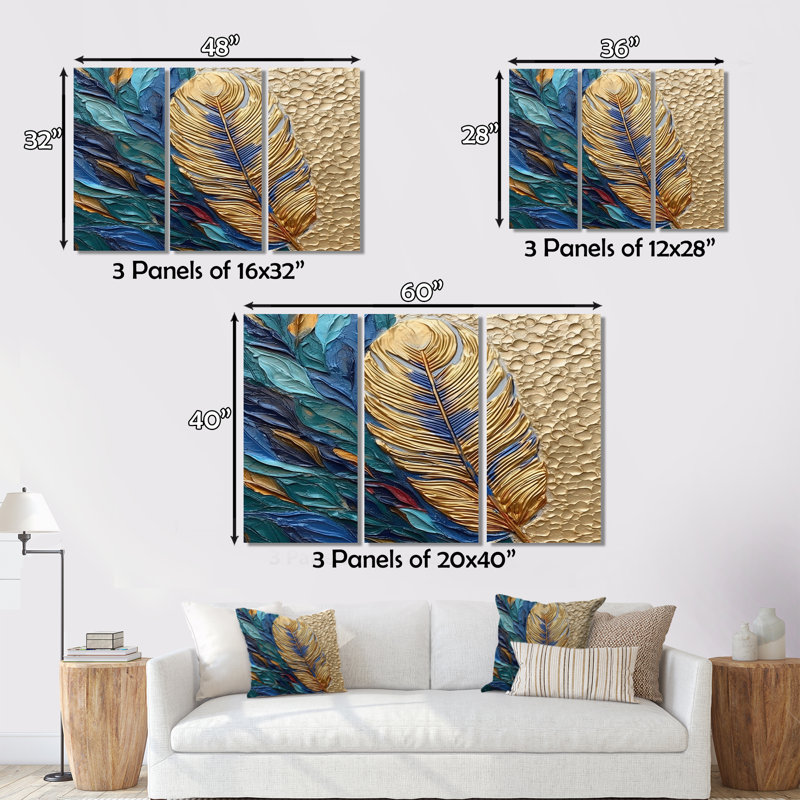 Boho Glam exquis or sur plume bleue, peinture sur toile - ensemble de reproduction d'art sur toile