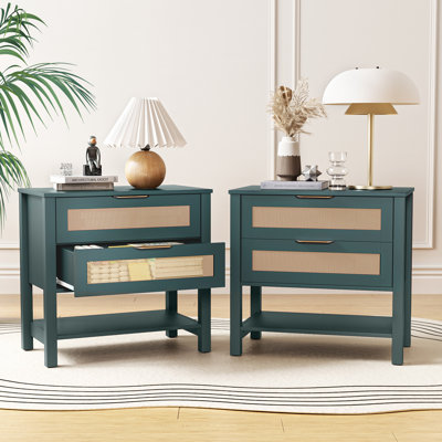 Table de chevet étroite en rotin avec 2 tiroirs et tablette de rangement Boho