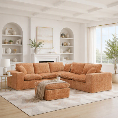 Modern Boucle L-shaped Sectional Sofa with Moveable Ottoman for Living Room, Comfy Cloud Couch with Pillows, DIY Combination