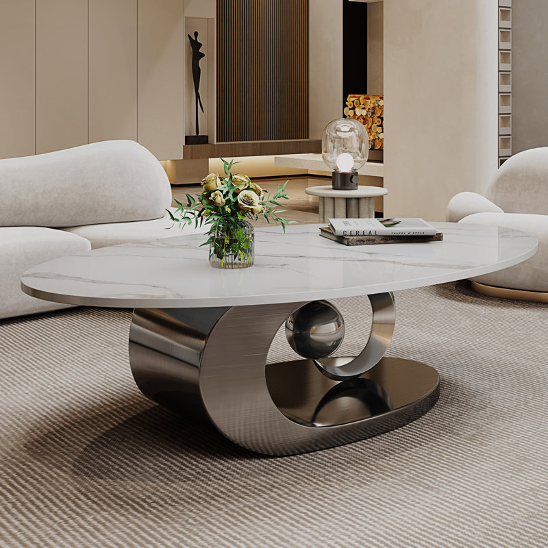 Table basse en faux marbre avec base sculpturale en acier inoxydable, table centrale, Gris/argent