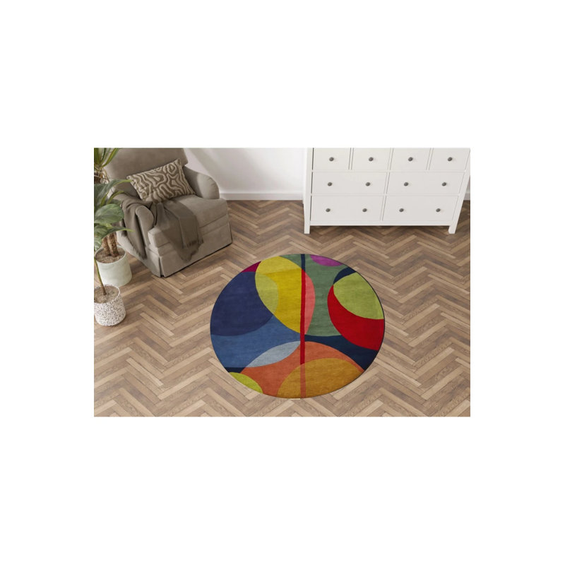 Multicolored Geometric Circle Shape Patterned Modern Woven Base Round Decorative Carpet, Round 5'