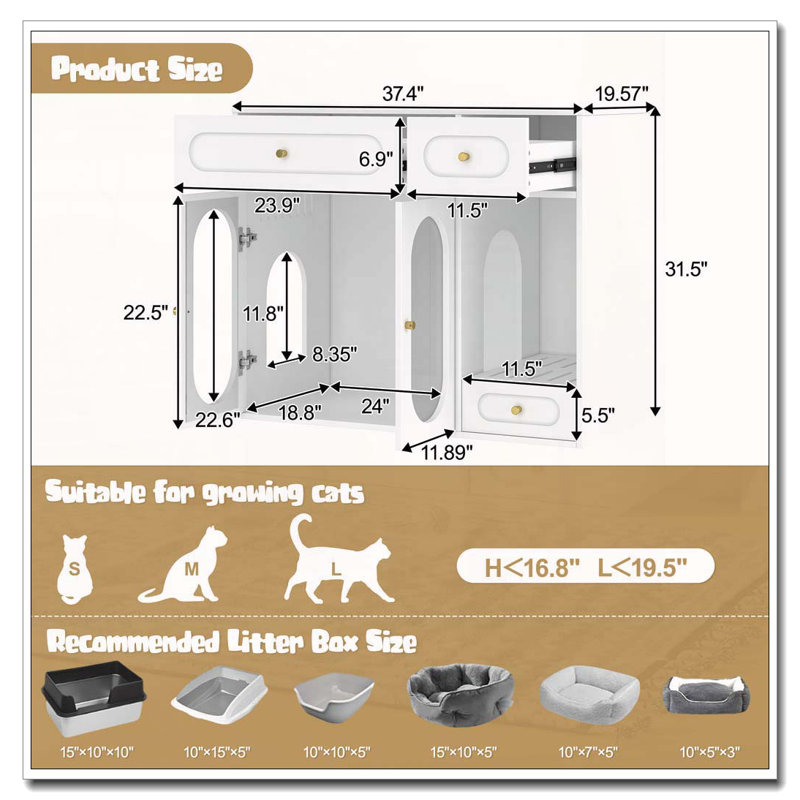 Cat Litter Box Enclosure with LED Light, White-1