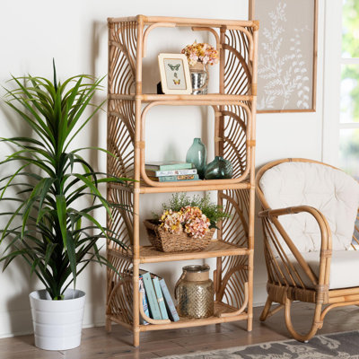 Bali & Pari Baara Natural Rattan 4-Tier Display Shelf - Handcrafted Bookcase With Openwork Side Panels, Boho Coastal Design For Living Room Or Bedroom